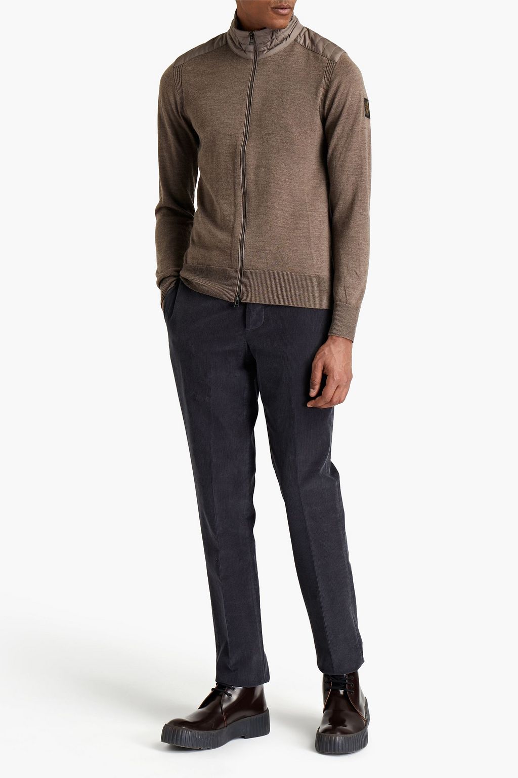 BELSTAFF Kelby slim-fit shell-trimmed logo-appliquéd wool cardigan