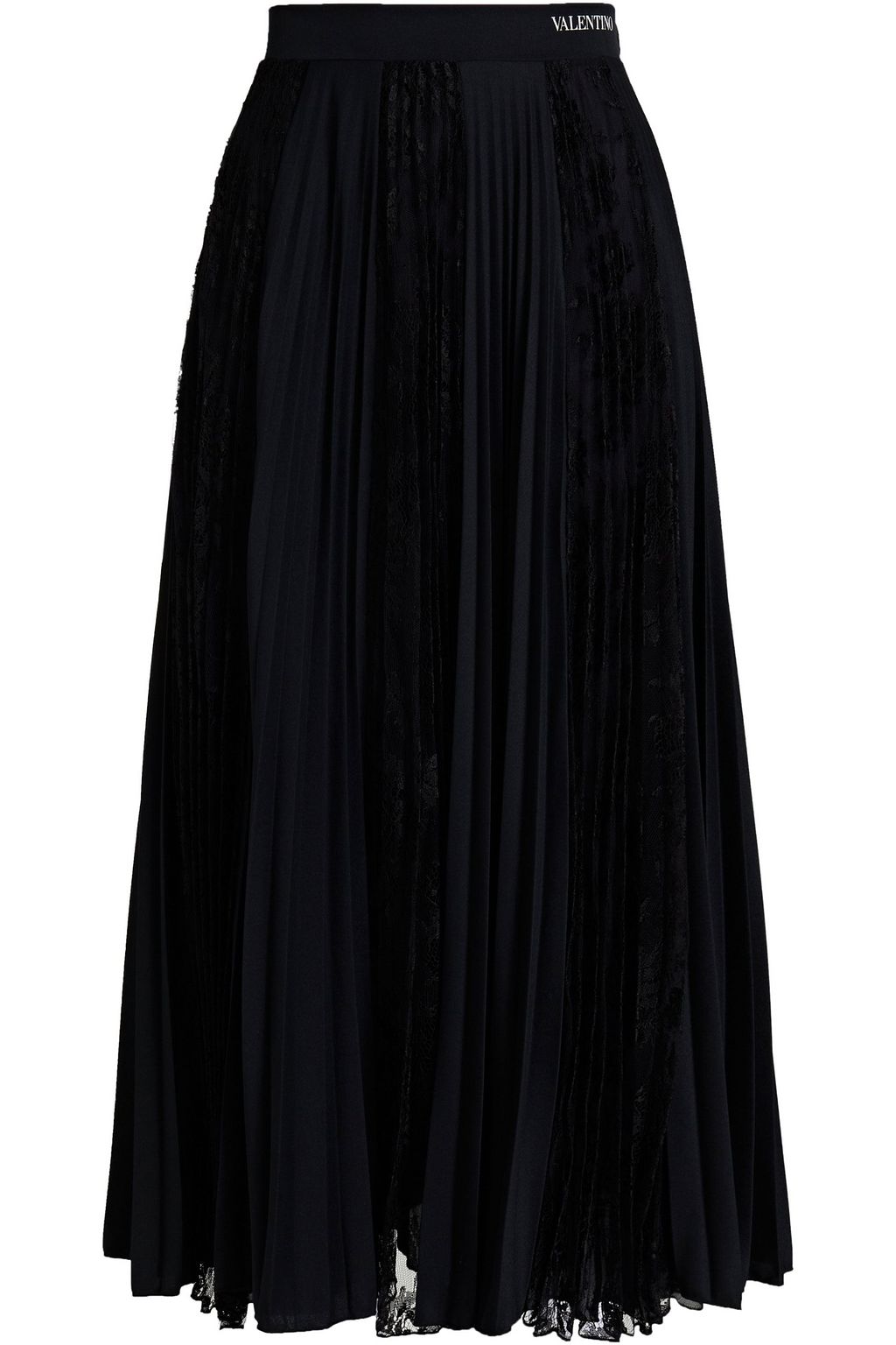 Lace paneled pleated satin jersey midi skirt black XL
