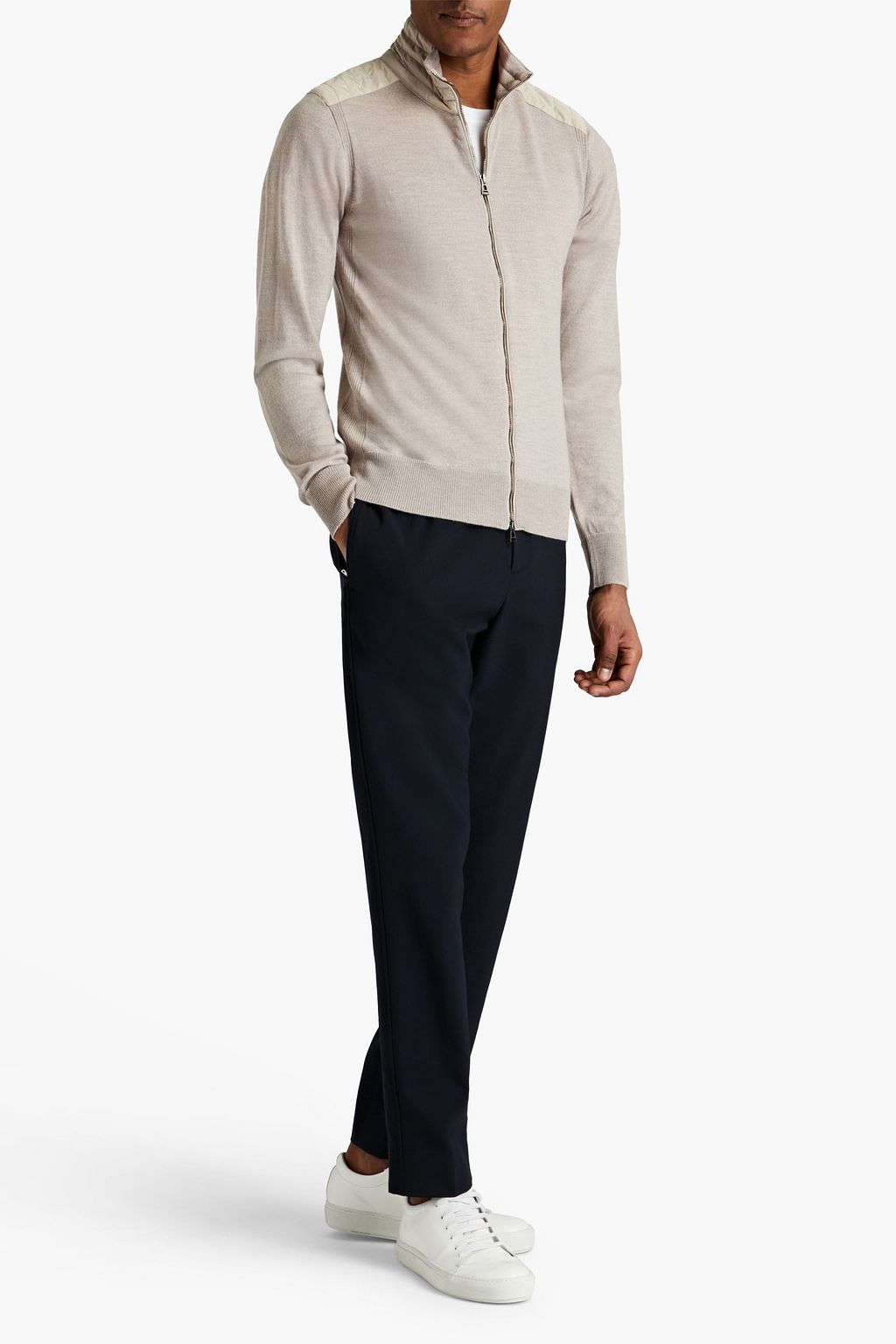 BELSTAFF Kelby slim-fit shell-trimmed logo-appliquéd wool cardigan