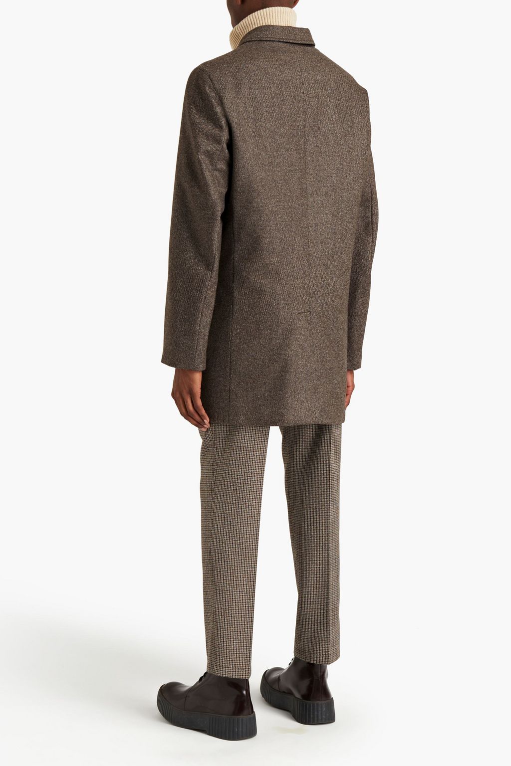 CANALI Leather-trimmed cashmere-tweed coat