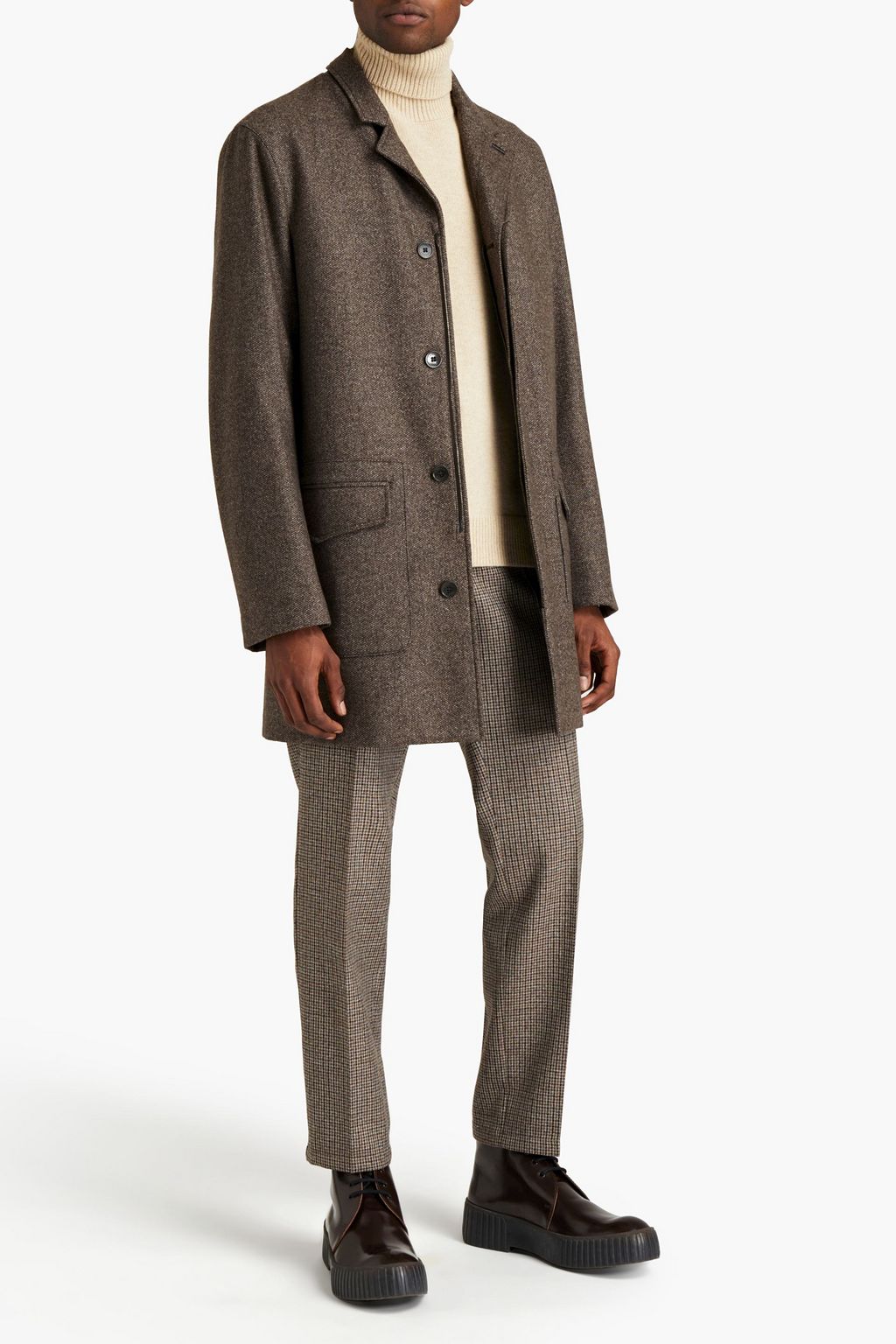 CANALI Leather-trimmed cashmere-tweed coat