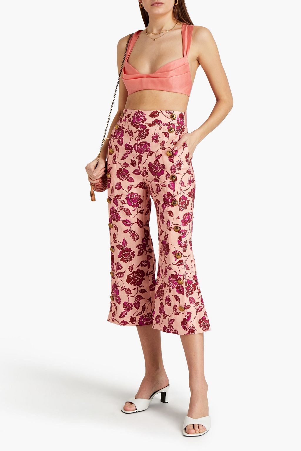 ZIMMERMANN Button-embellished floral-print linen kick-flare pants