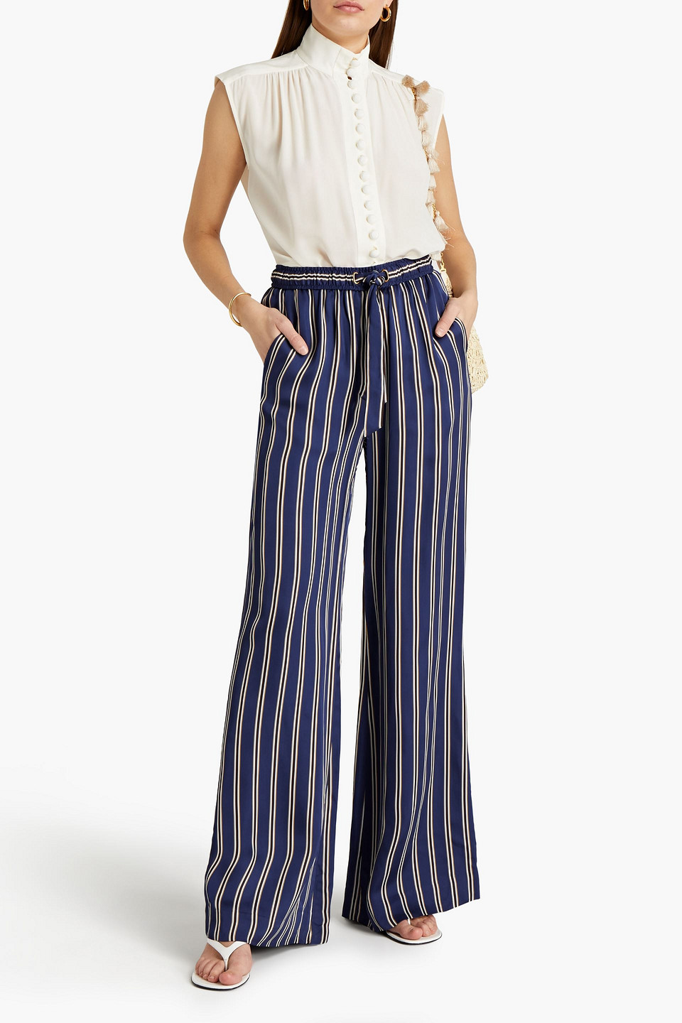 Zimmermann Striped Crepe Wide-leg Trousers In Navy