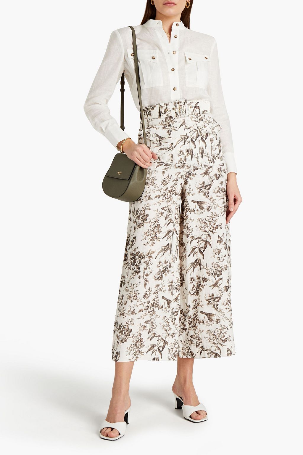ZIMMERMANN Cropped belted floral-print linen wide-leg pants