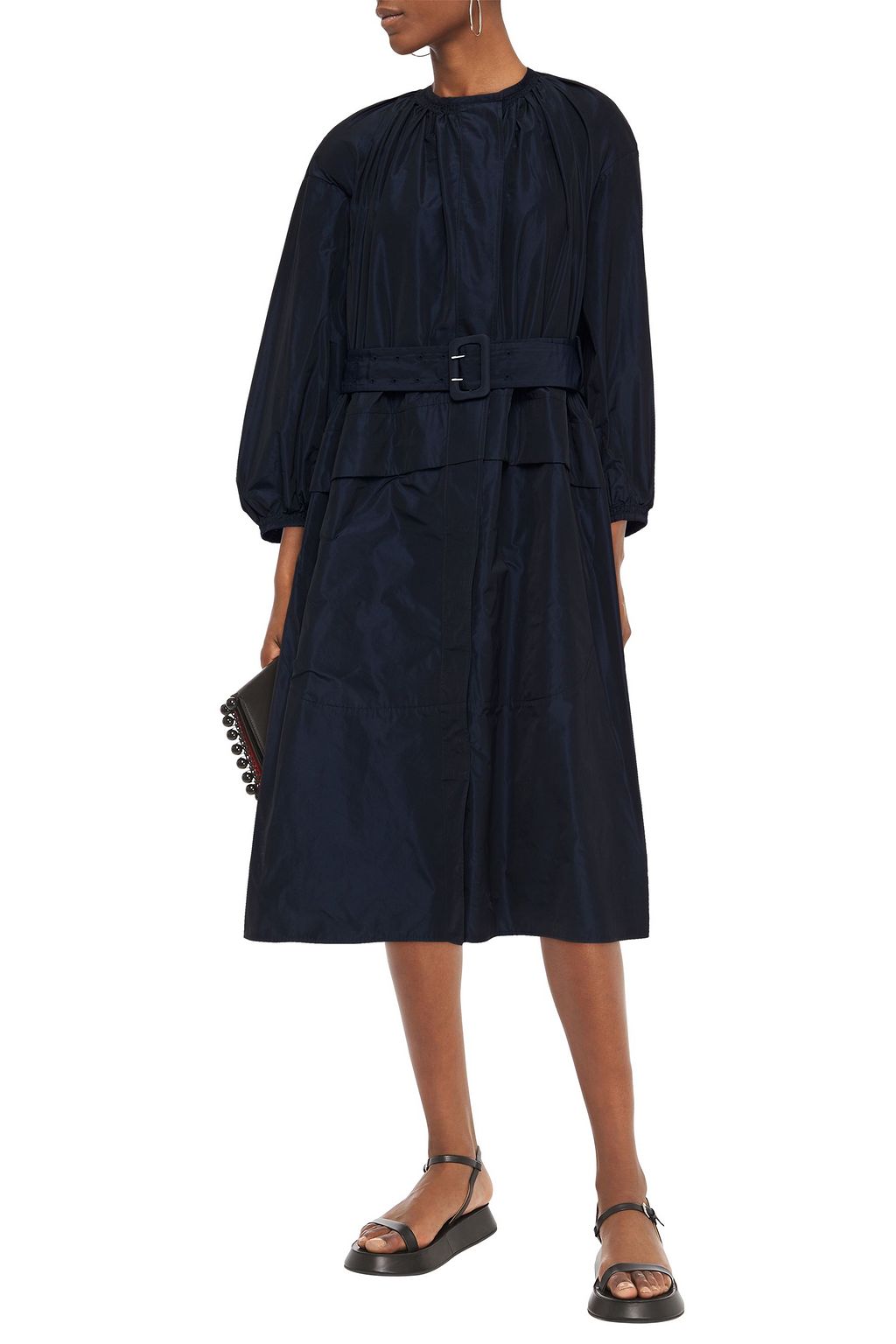 JIL SANDER Belted gathered shell midi dress