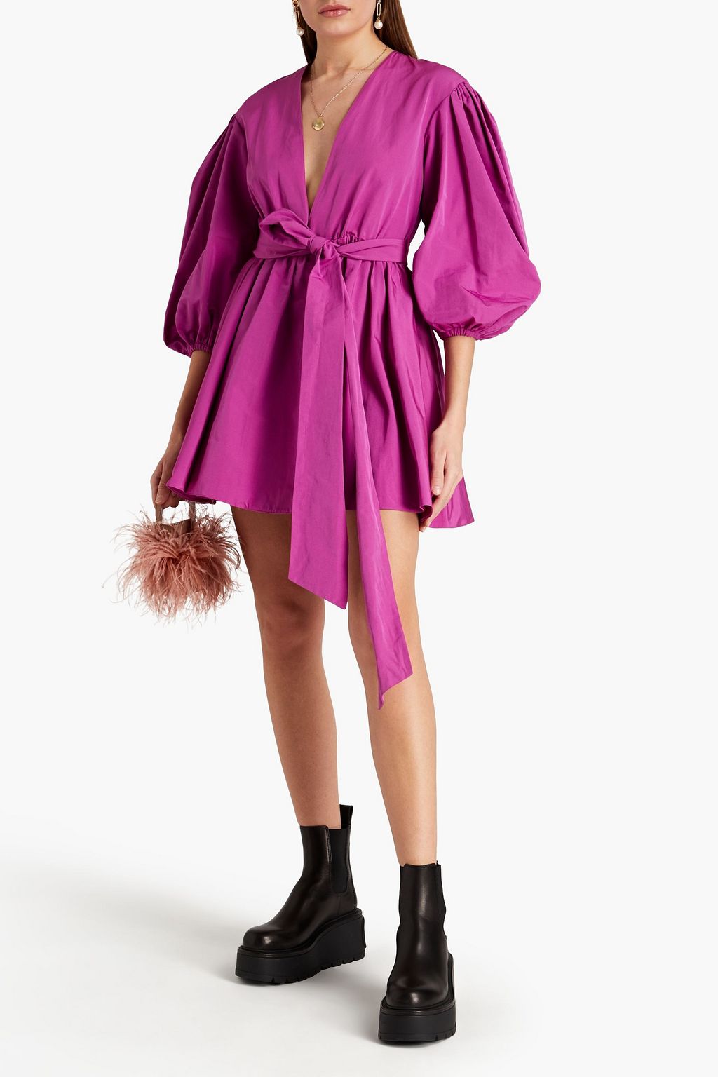 VALENTINO GARAVANI Belted cotton-blend taffeta mini wrap dress