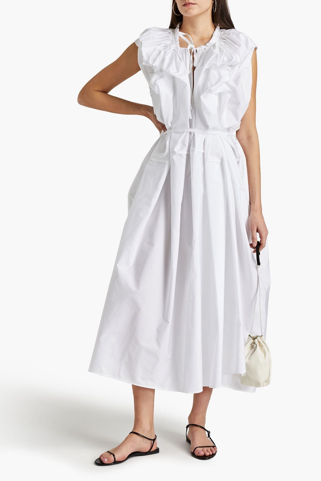JIL SANDER Belted pleated cotton-poplin midi dress