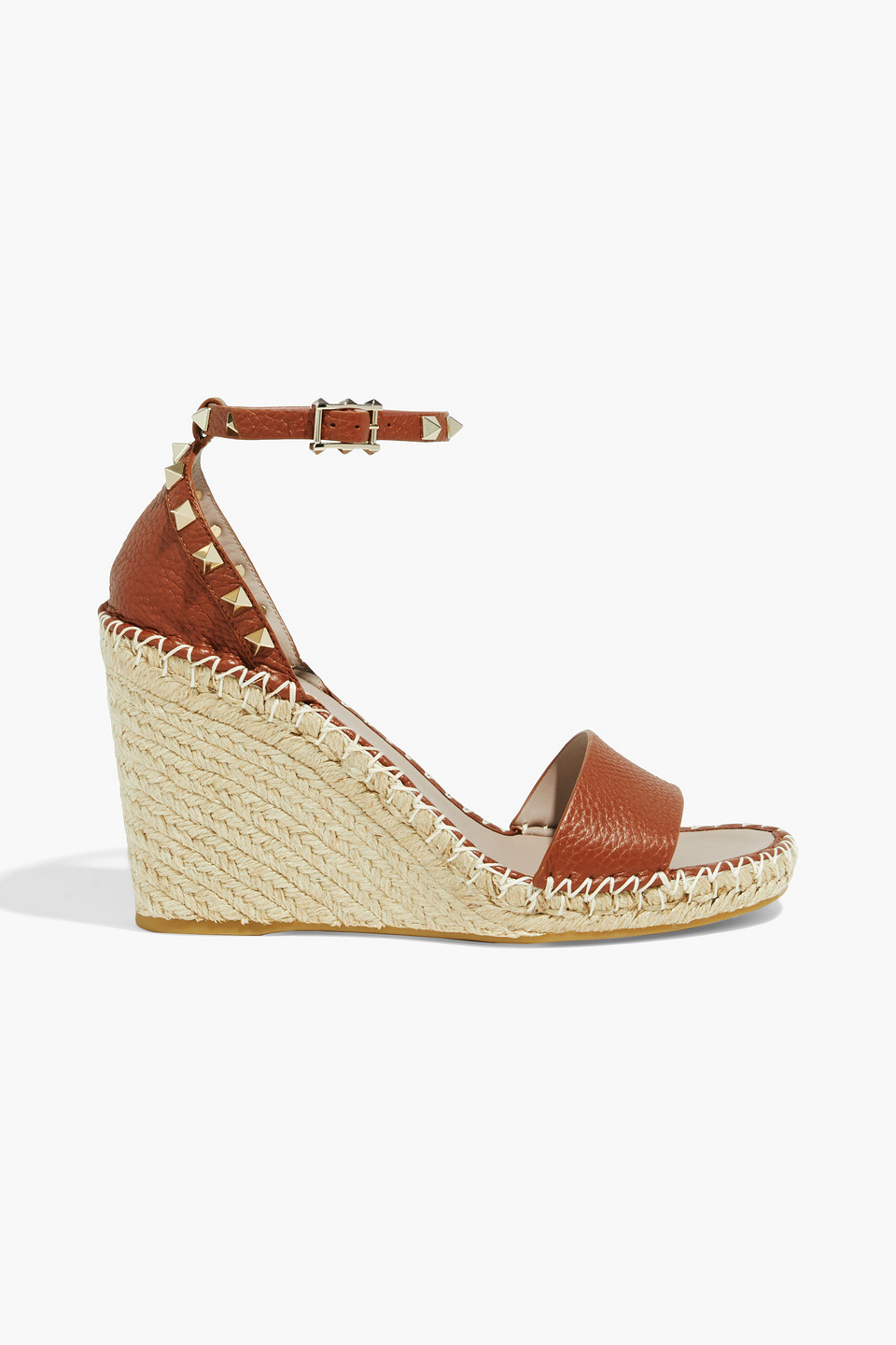 VALENTINO GARAVANI ROCKSTUD PEBBLED-LEATHER WEDGE ESPADRILLE SANDALS