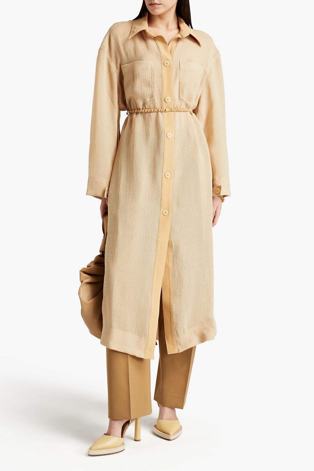 NANUSHKA Oversized belted gabardine-paneled gauze shirt