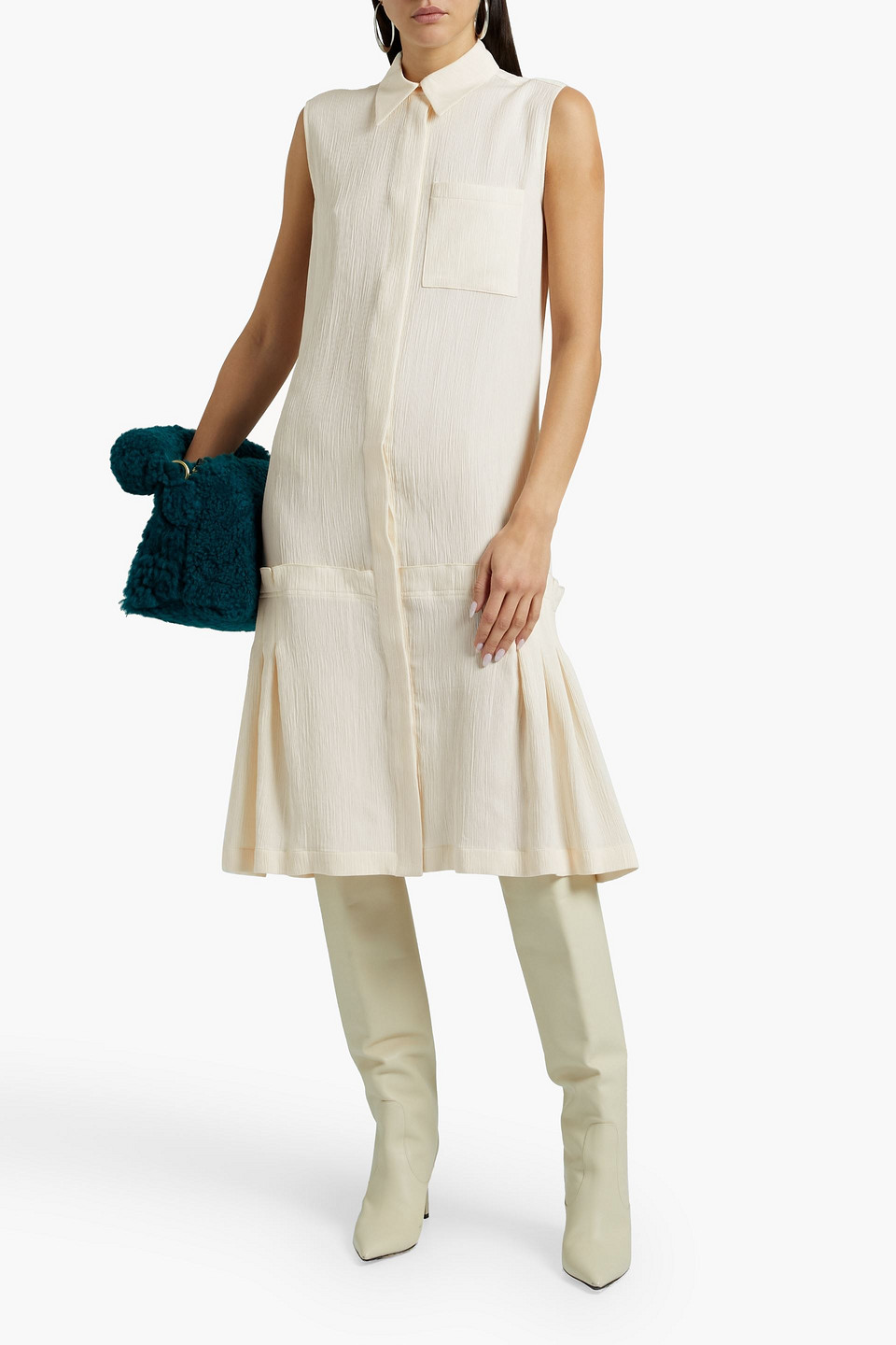Victoria Beckham Pleated Crepon Shirt Dress In Ecru