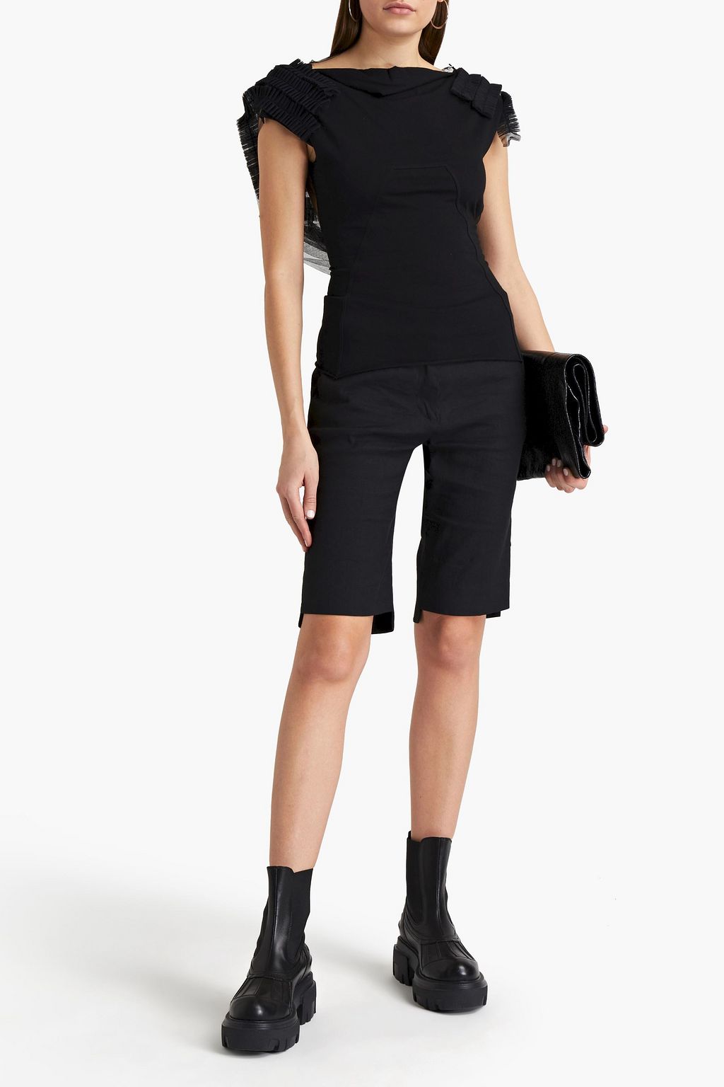 RICK OWENS Tulle-paneled ruffled cotton-jersey top