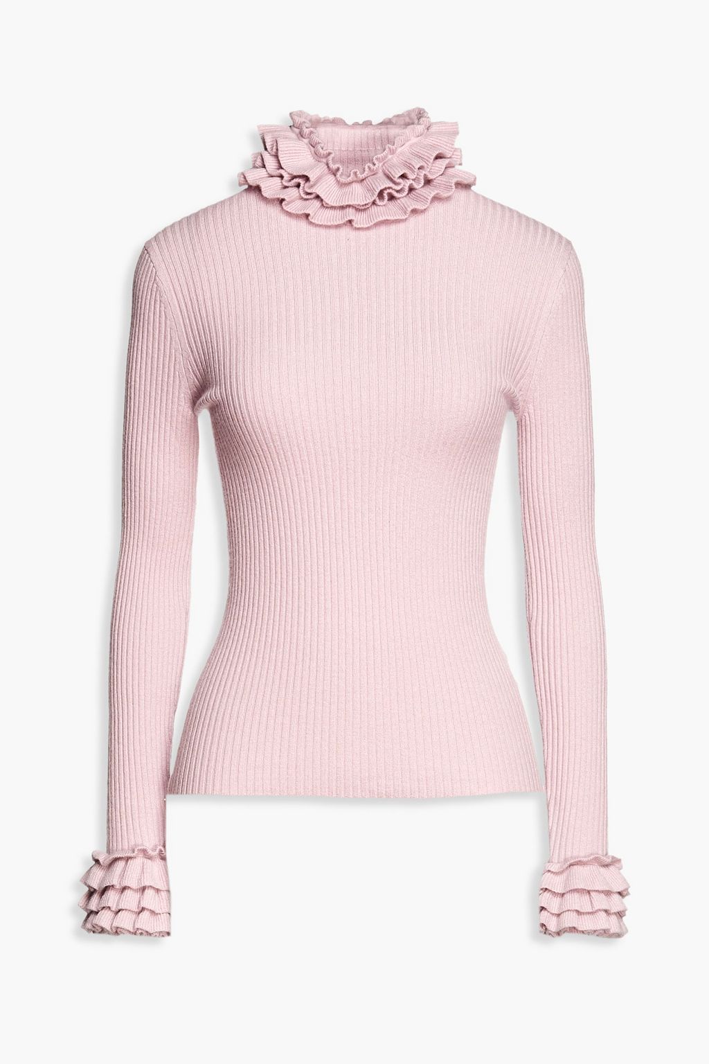 Blush Ruffle-trimmed ribbed cashmere 