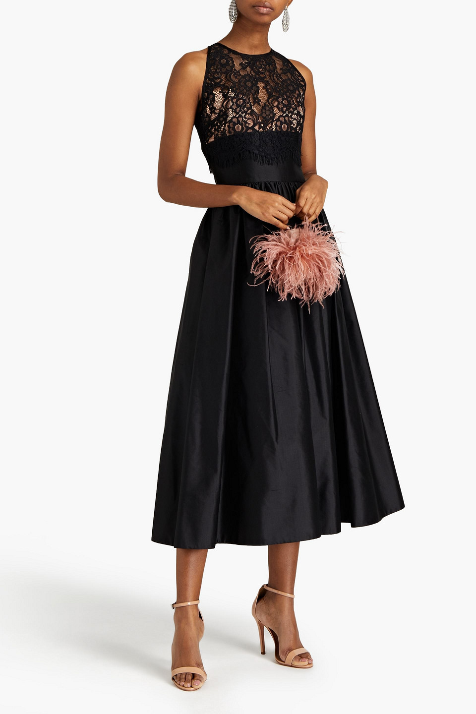 Rasario Corded Lace-paneled Cutout Silk-blend Dupioni Midi Dress In Black