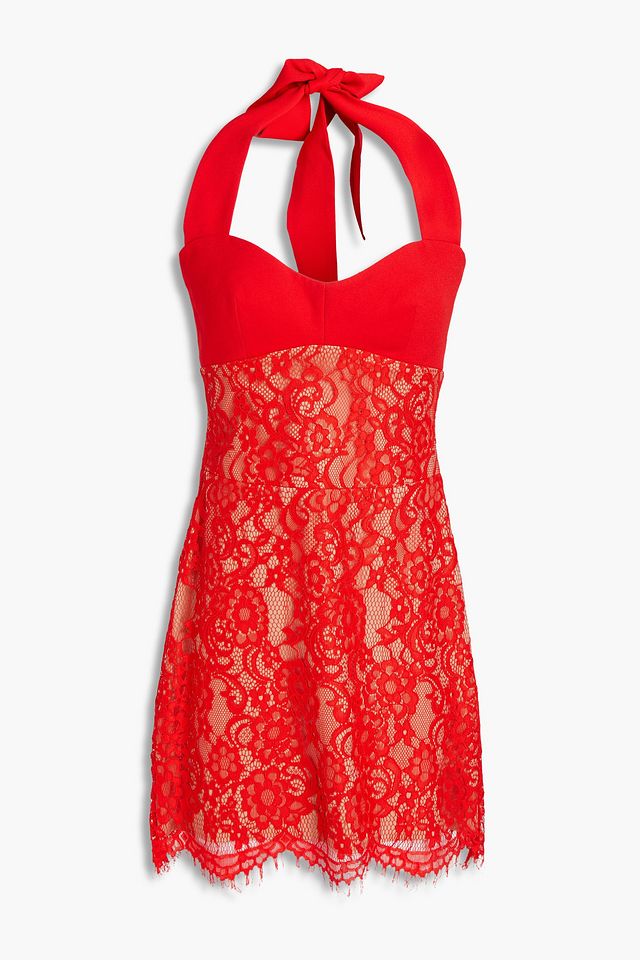 Crepe-paneled corded lace halterneck mini dress