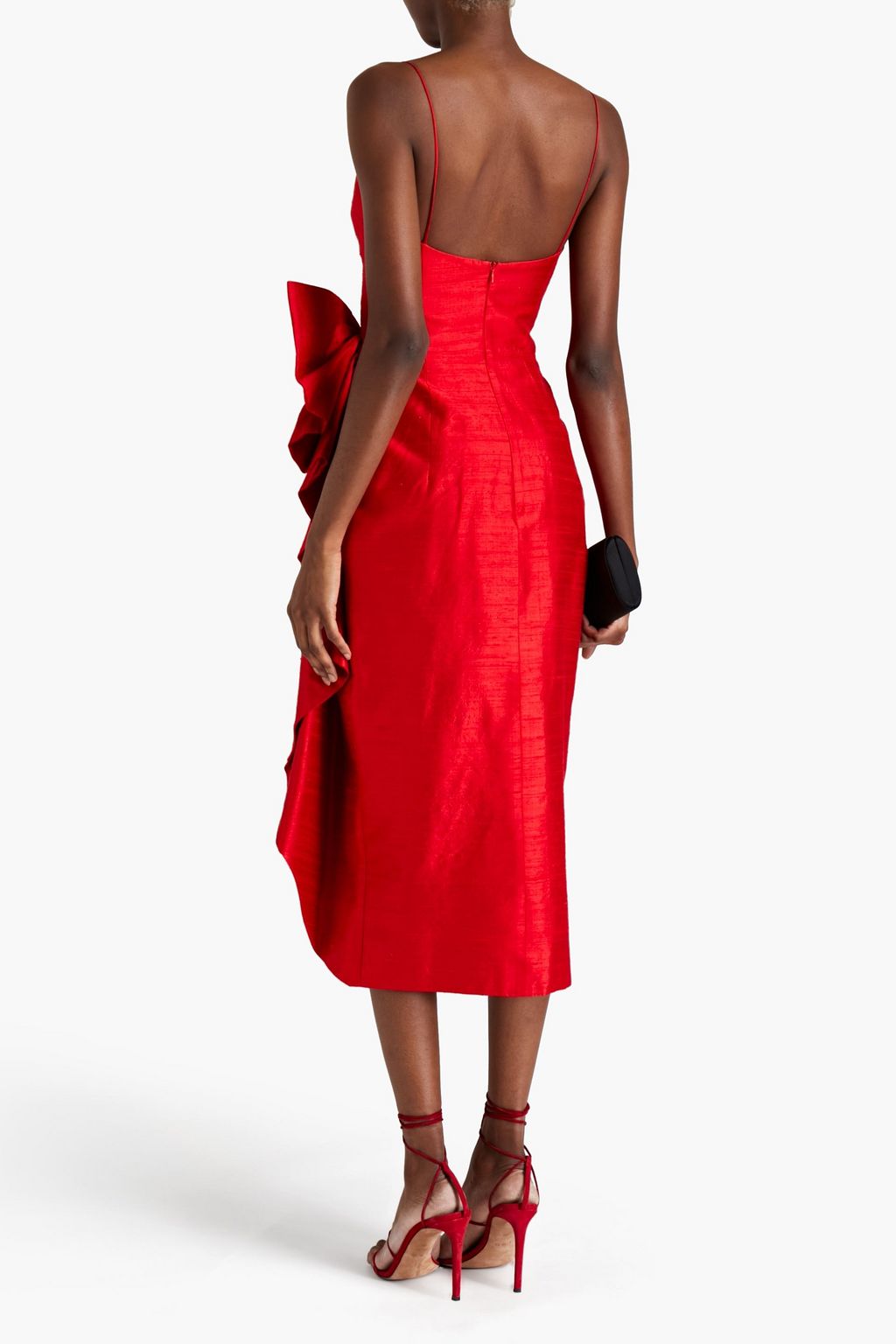 RASARIO Bow-embellished ruffled silk dupioni midi dress
