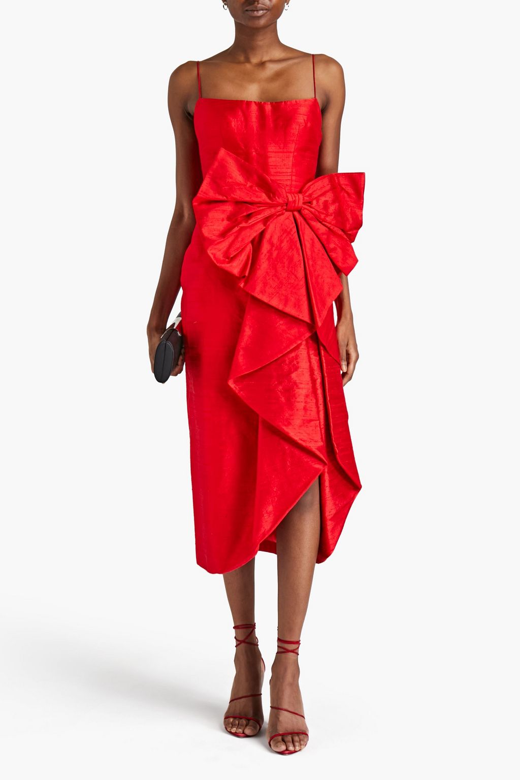 RASARIO Bow-embellished ruffled silk dupioni midi dress
