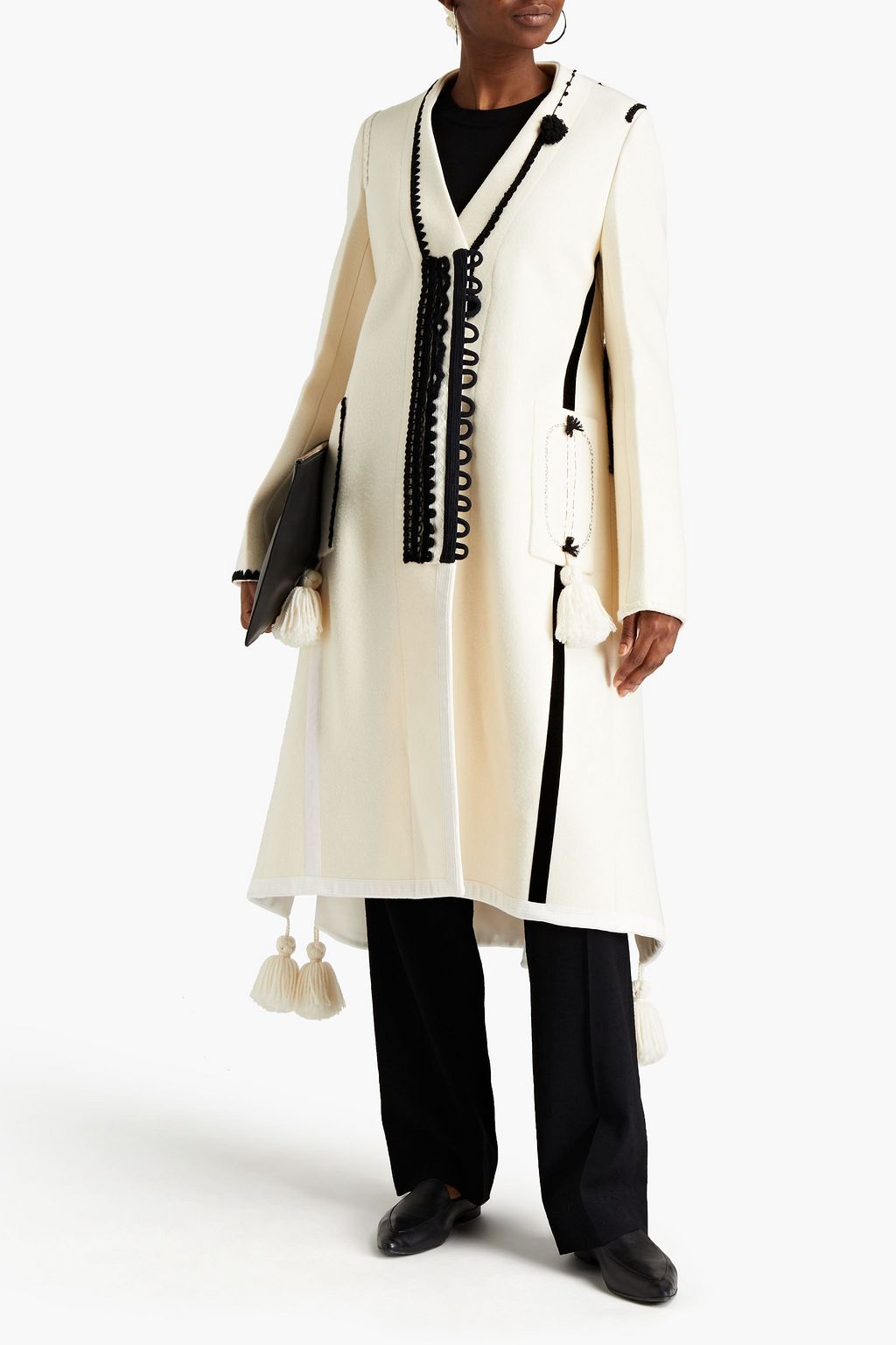 JIL SANDER Crochet-trimmed tasseled embroidered wool-felt coat