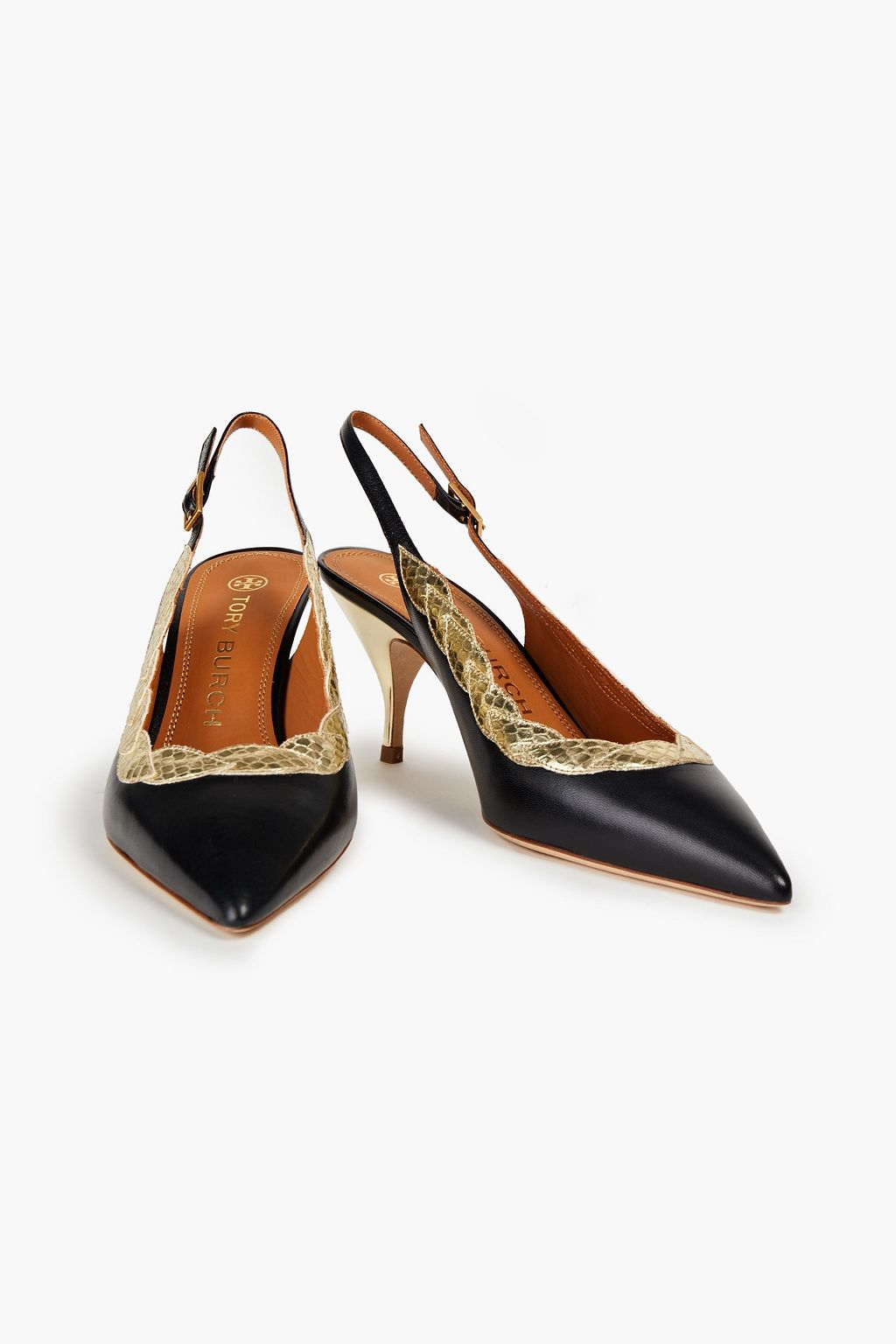 TORY BURCH Snake-effect and smooth leather slingback pumps