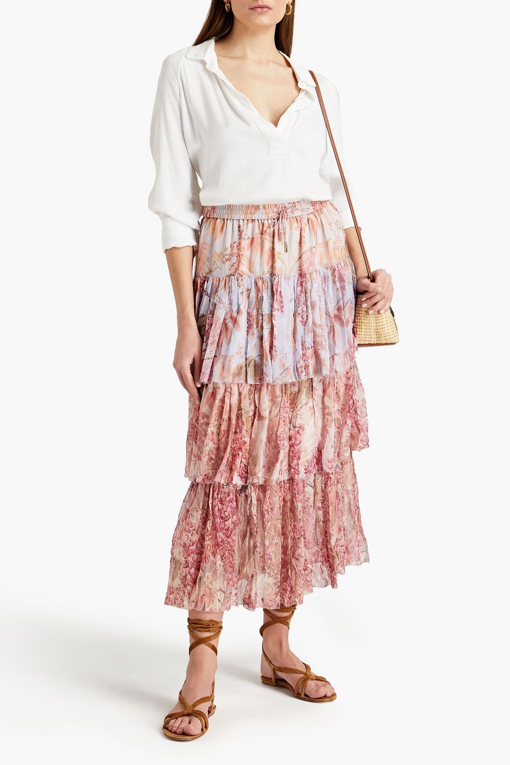 ZIMMERMANN Botanica tiered floral-print silk-crepon midi skirt