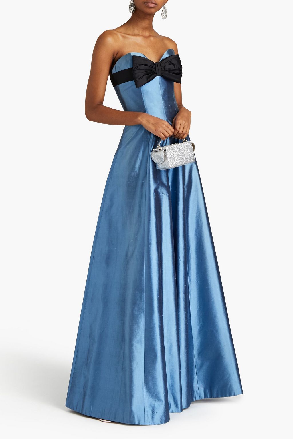 RASARIO Strapless bow-embellished silk-dupioni gown
