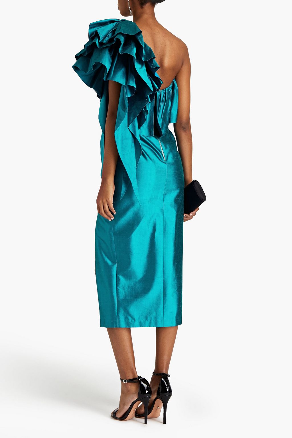 RASARIO One-shoulder ruffled silk-dupioni midi dress