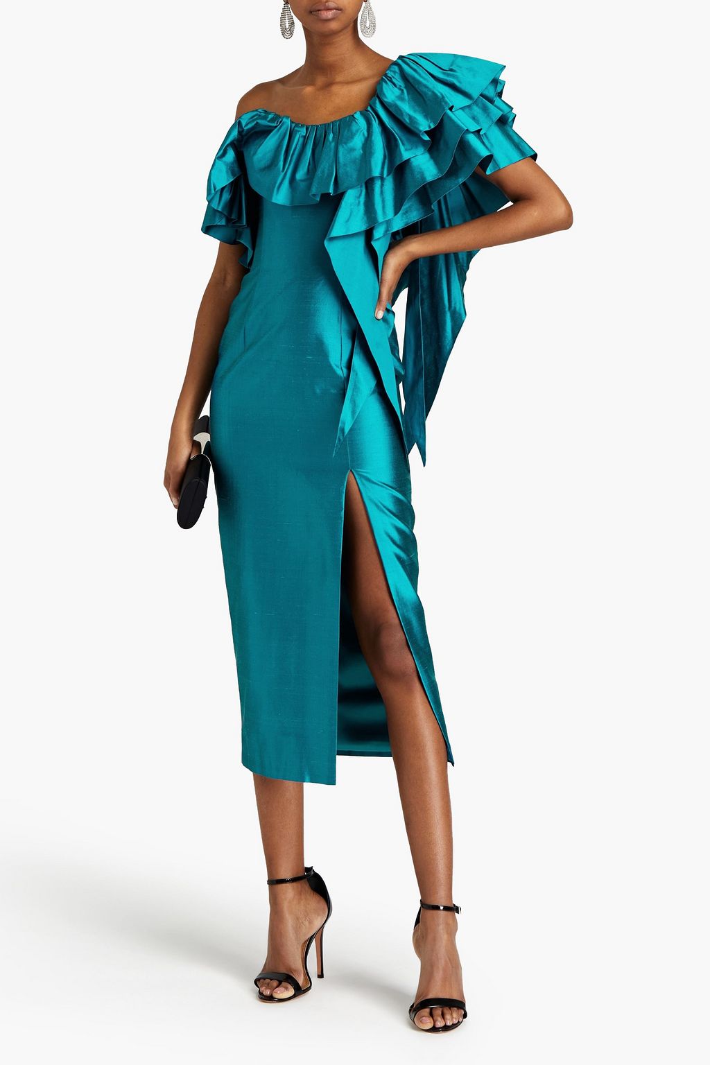 RASARIO One-shoulder ruffled silk-dupioni midi dress