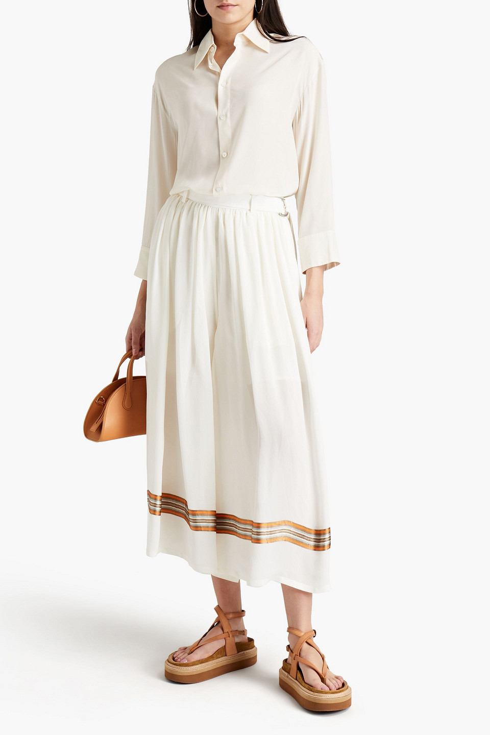 Jil Sander Belted Gathered Striped Woven Culottes In Ivory