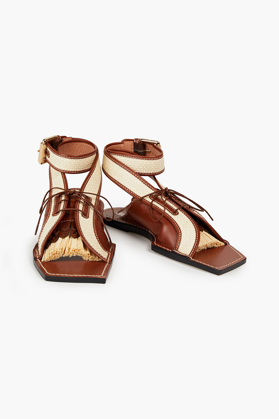 Zimmermann Leather And Faux Raffia Sandals In Tan