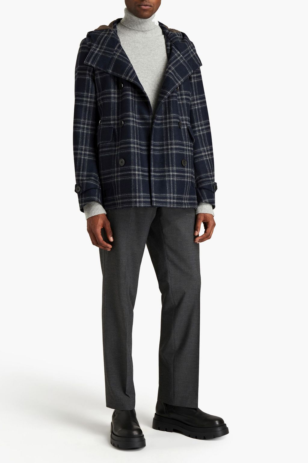 CANALI Double-breasted checked wool-felt hooded jacket