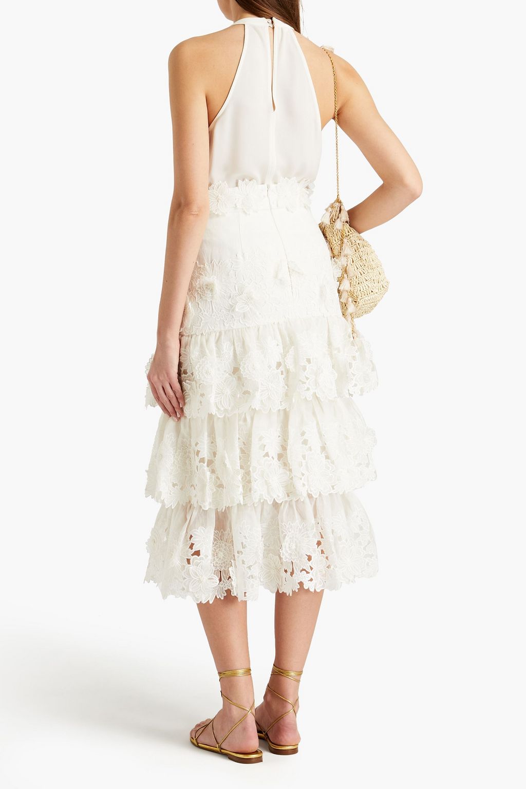ZIMMERMANN The Lovestruck tiered floral-appliquéd broderie anglaise linen midi skirt