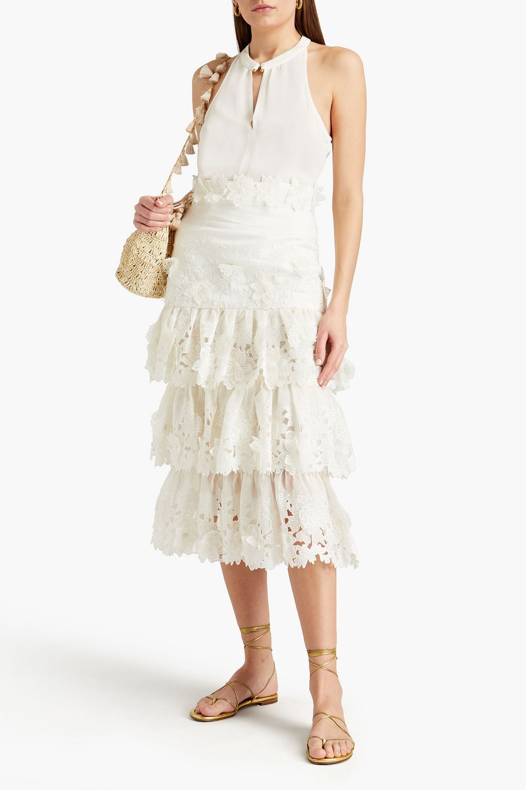 ZIMMERMANN The Lovestruck tiered floral-appliquéd broderie anglaise linen midi skirt