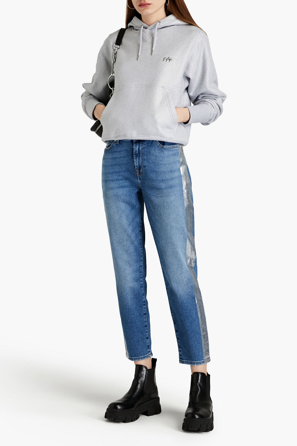 7 For All Mankind Roxanne Cropped Metallic-trimmed High-rise Slim-leg Jeans In Blue