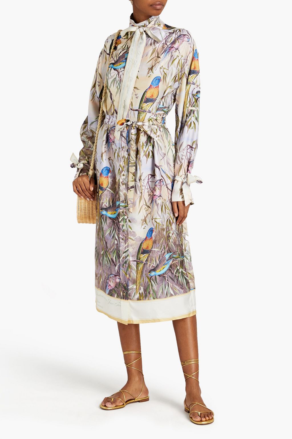 ZIMMERMANN Candescent pussy-bow belted printed silk-twill midi shirt dress