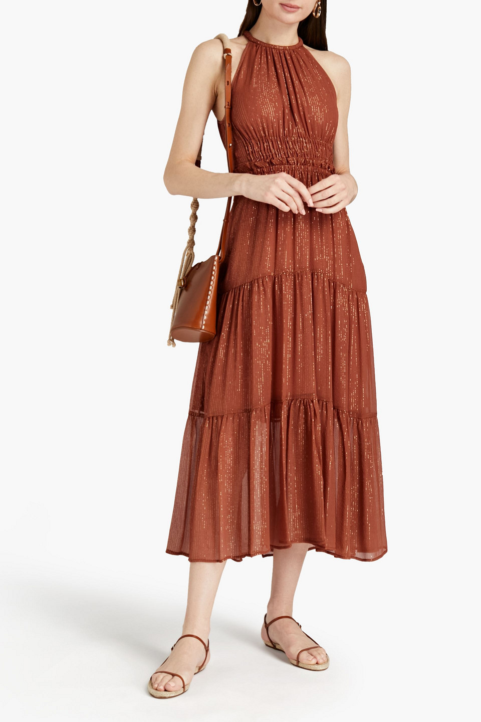 A.l.c Elara Shirred Metallic Silk-blend Chiffon Midi Dress In Brown