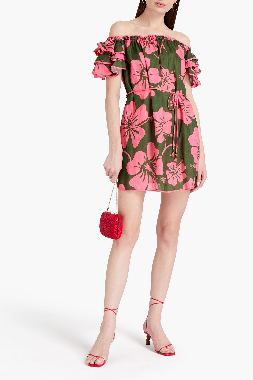 ZIMMERMANN Lulu off-the-shoulder belted floral-print slub linen mini dress