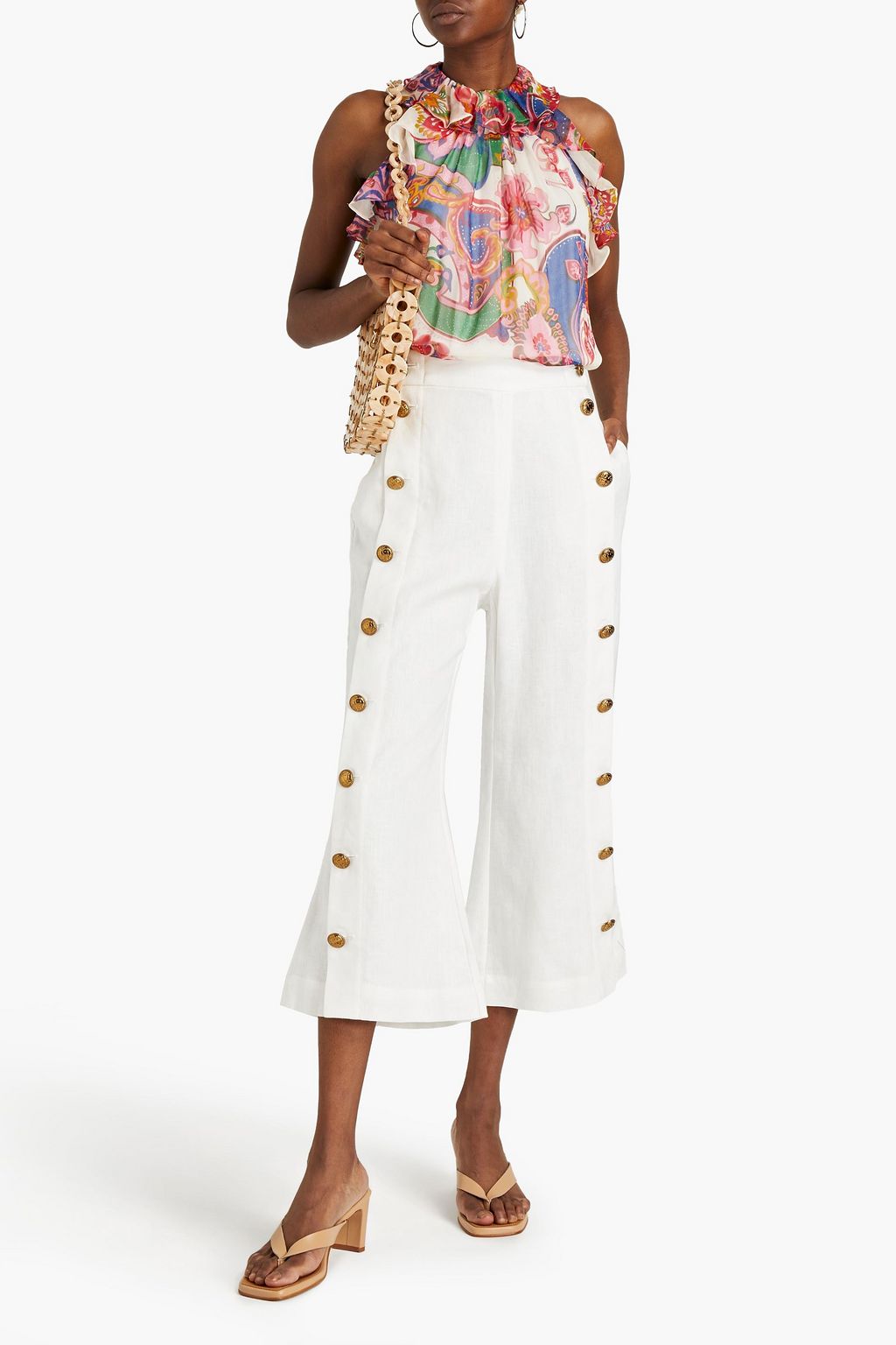 ZIMMERMANN Button-embellished floral-print linen kick-flare pants