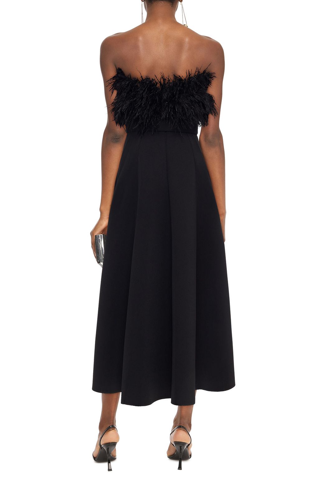 BADGLEY MISCHKA Strapless belted feather-embellished scuba midi dress