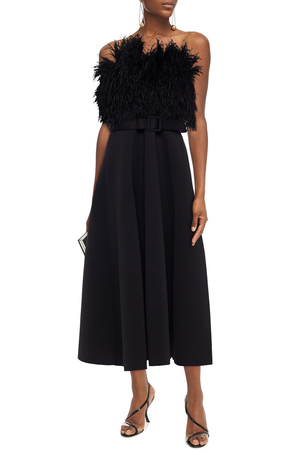 BADGLEY MISCHKA Strapless belted feather-embellished scuba midi dress
