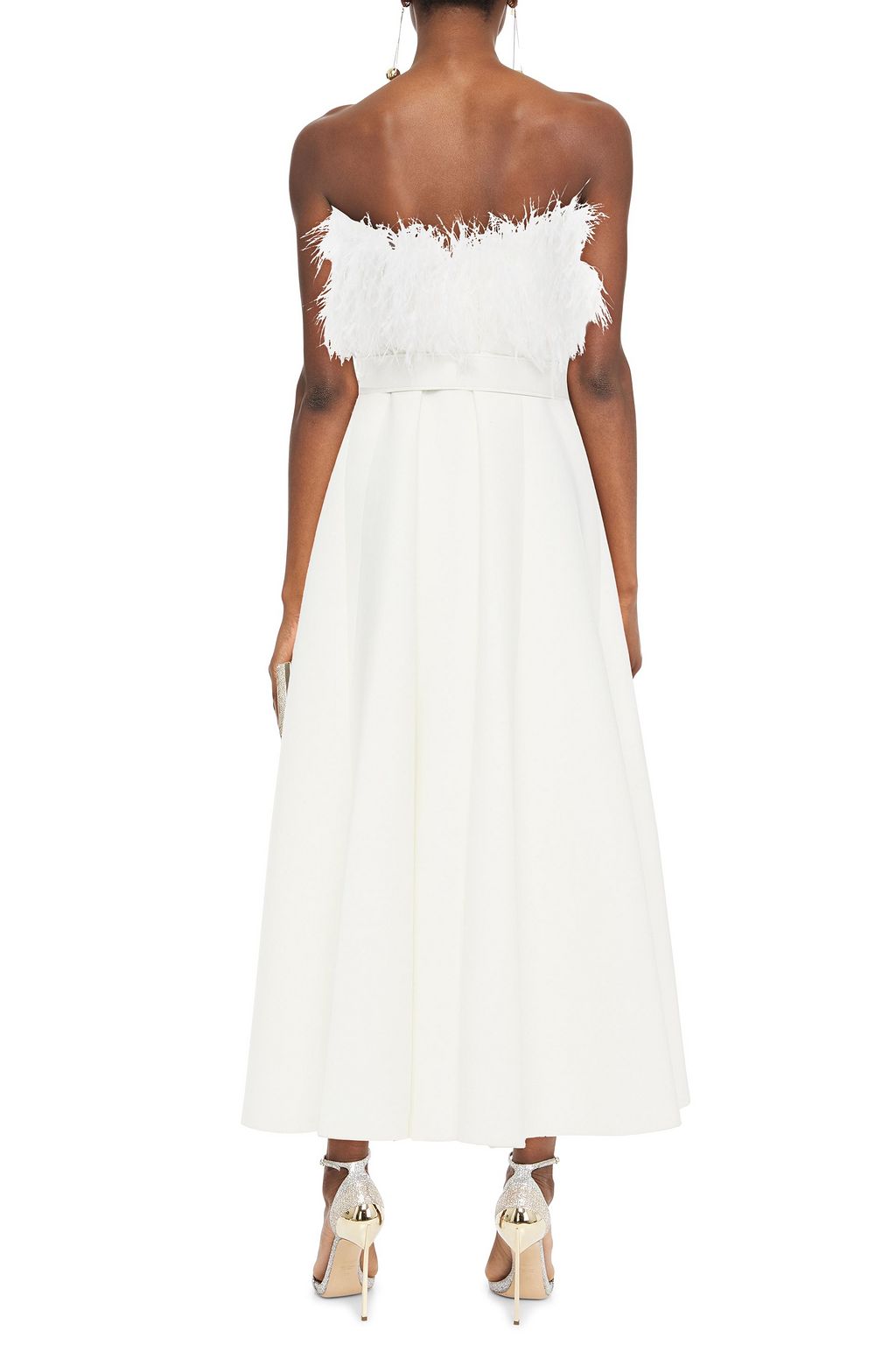 BADGLEY MISCHKA Strapless belted feather-embellished scuba midi dress