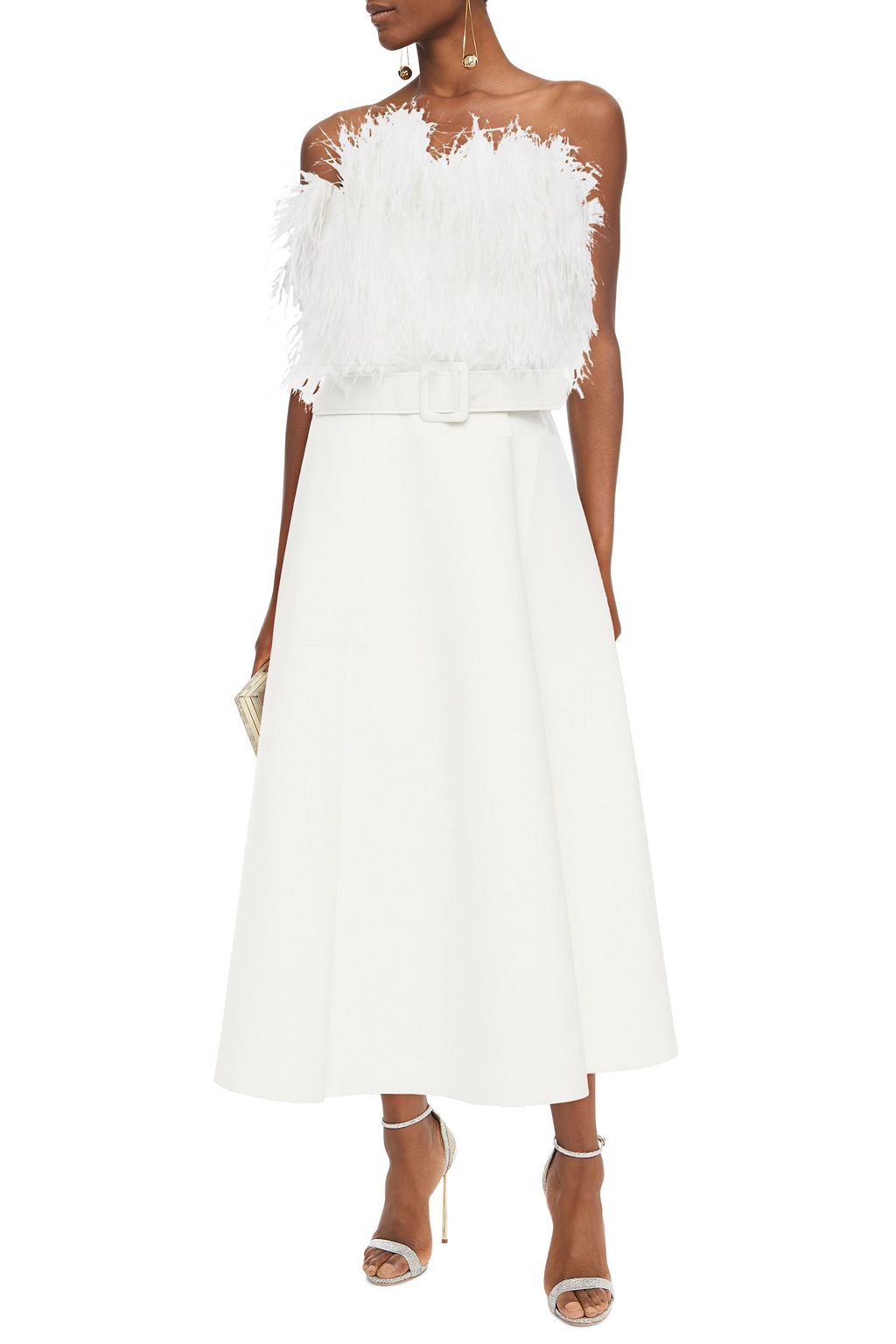 BADGLEY MISCHKA Strapless belted feather-embellished scuba midi dress