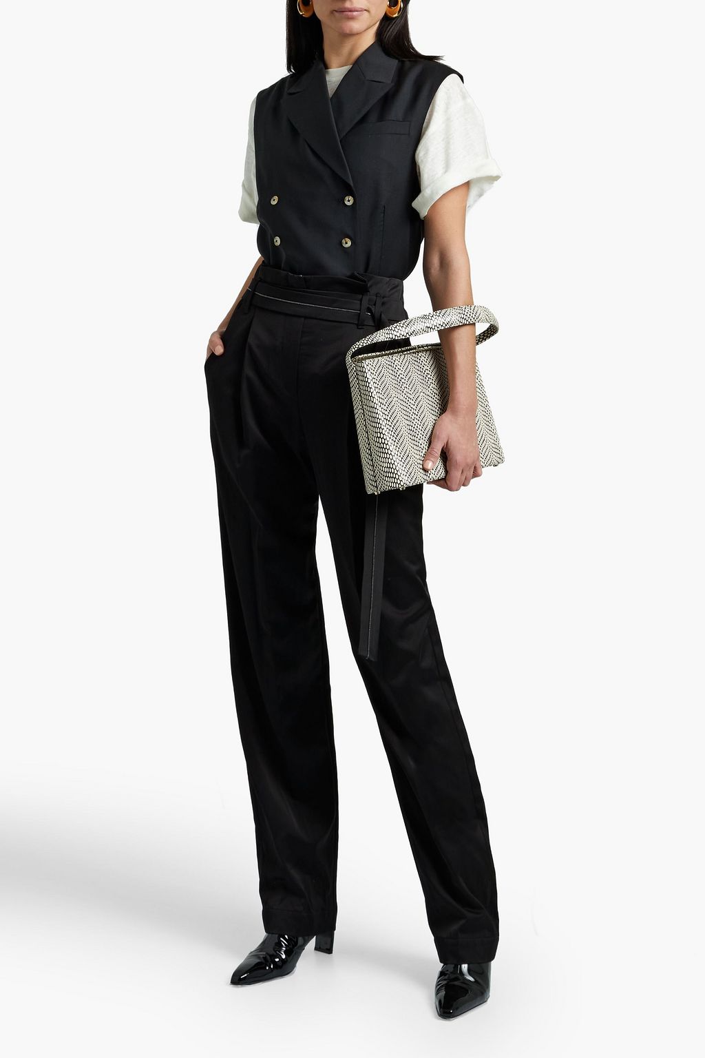 BRUNELLO CUCINELLI Belted pleated satin-crepe straight-leg pants