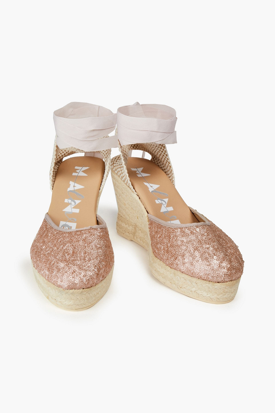 Manebi Embellished Woven Wedge Espadrilles In Brown