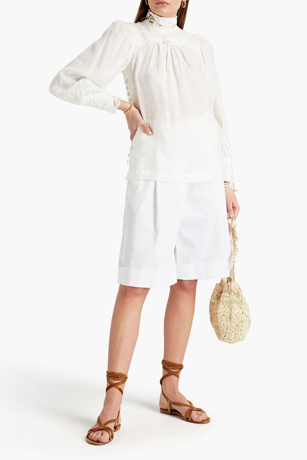 ZIMMERMANN Luminous guipure lace-trimmed gathered slub linen blouse