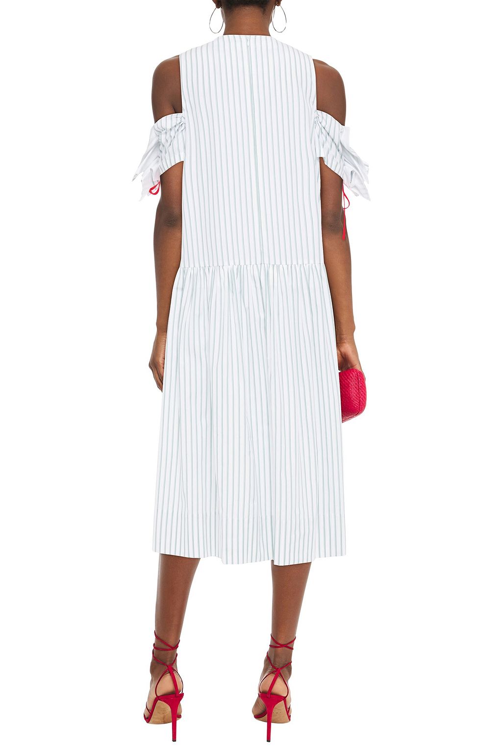 VICTORIA, VICTORIA BECKHAM Cold-shoulder gathered striped cotton dress