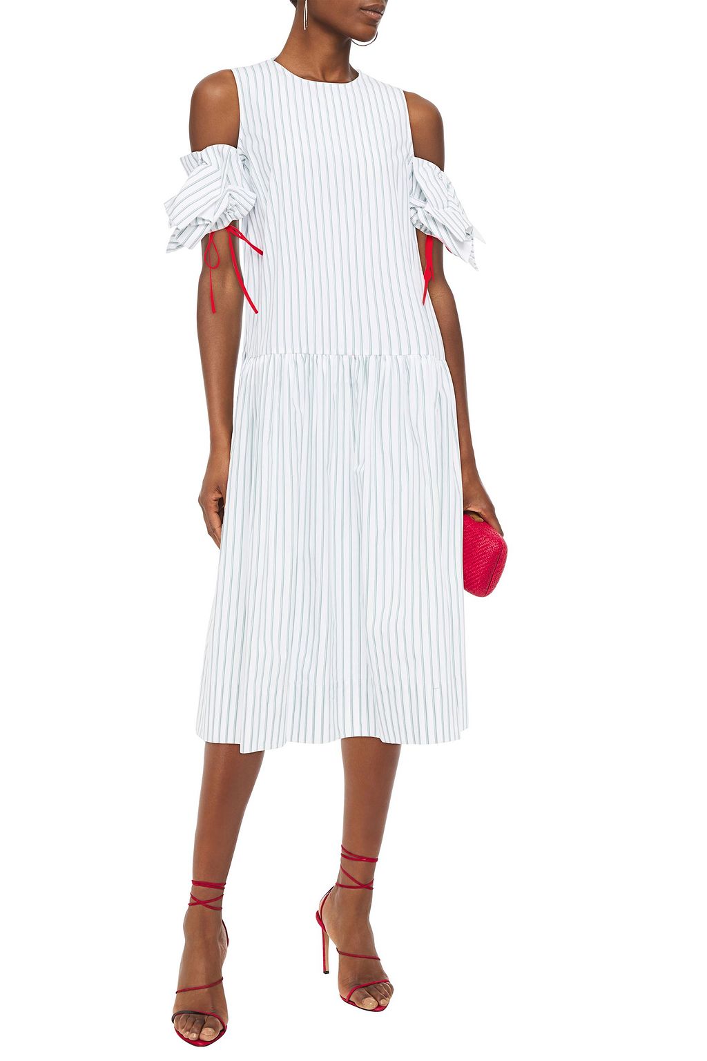 VICTORIA, VICTORIA BECKHAM Cold-shoulder gathered striped cotton dress