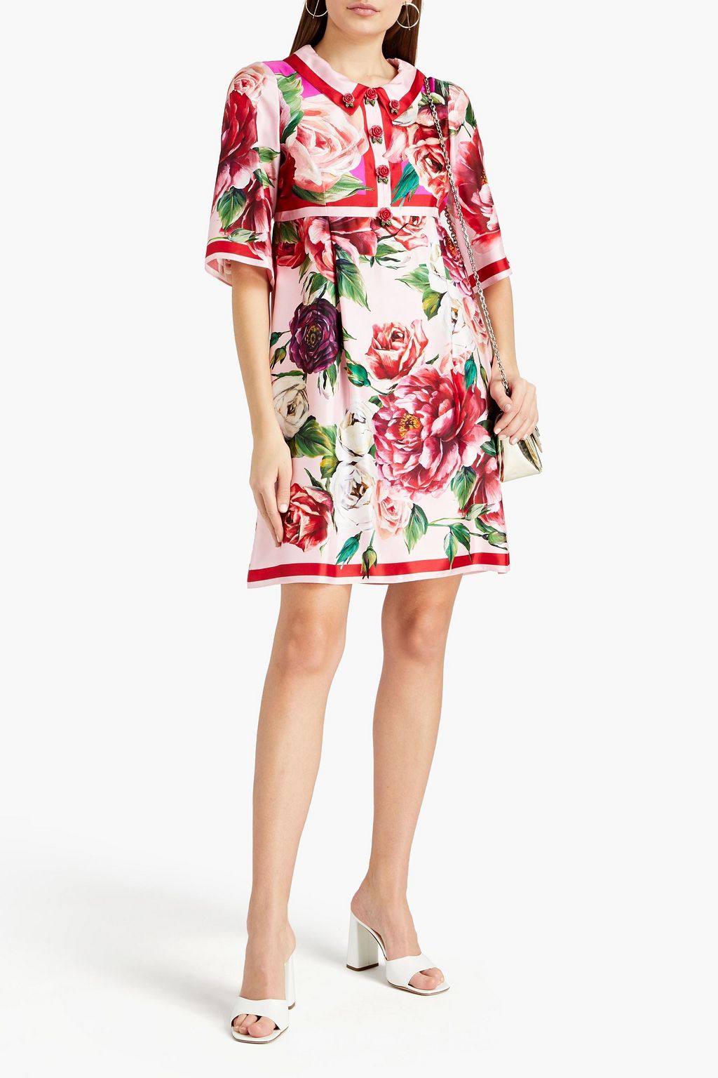 DOLCE&GABBANA Appliquéd pleated floral-print silk-twill mini dress