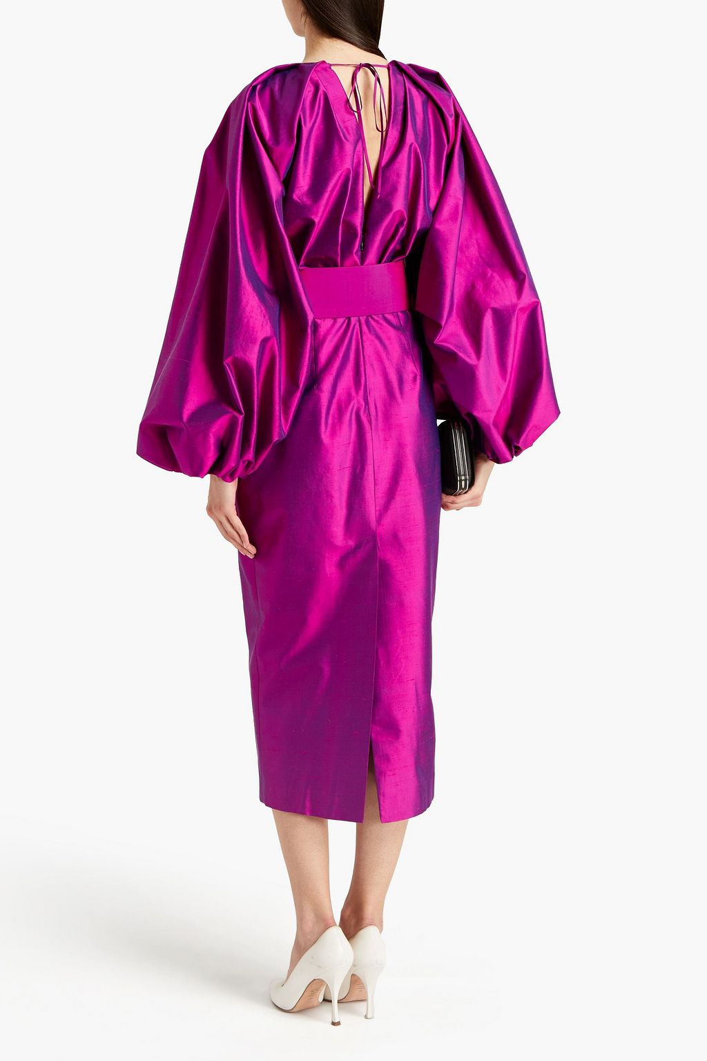 RASARIO Belted pleated silk-shantung midi dress