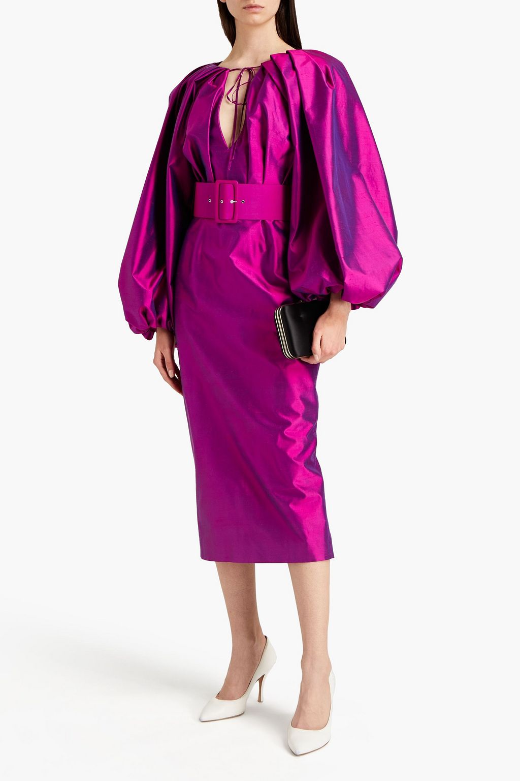 RASARIO Belted pleated silk-shantung midi dress