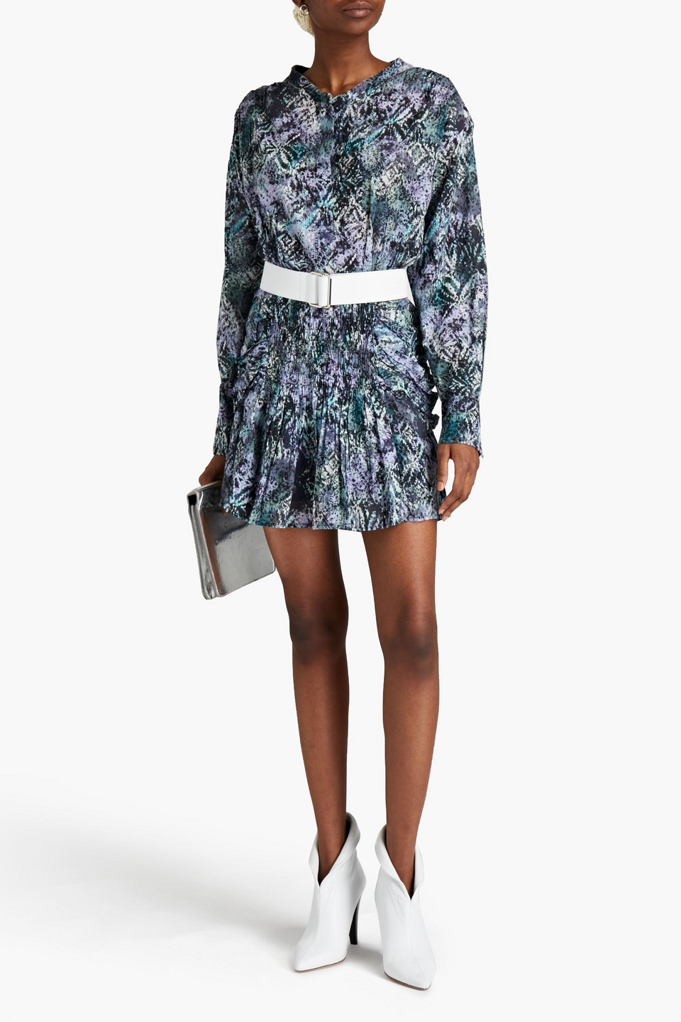 Iro Deniz Ruched Printed Cotton Mini Dress In Black