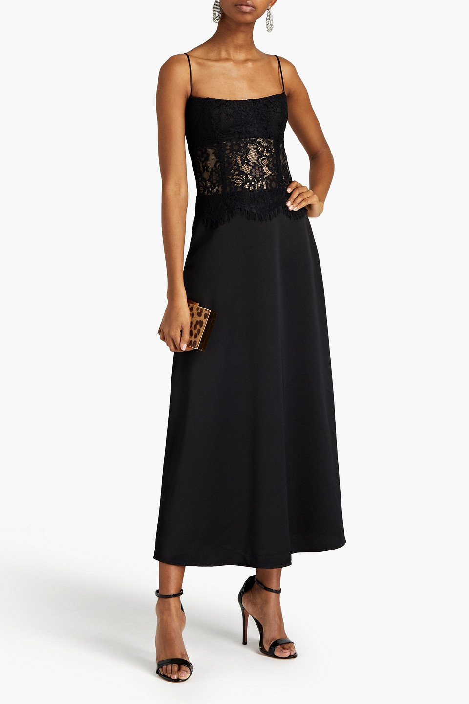 Rasario Corded Lace-paneled Satin-crepe Midi Dress In Black
